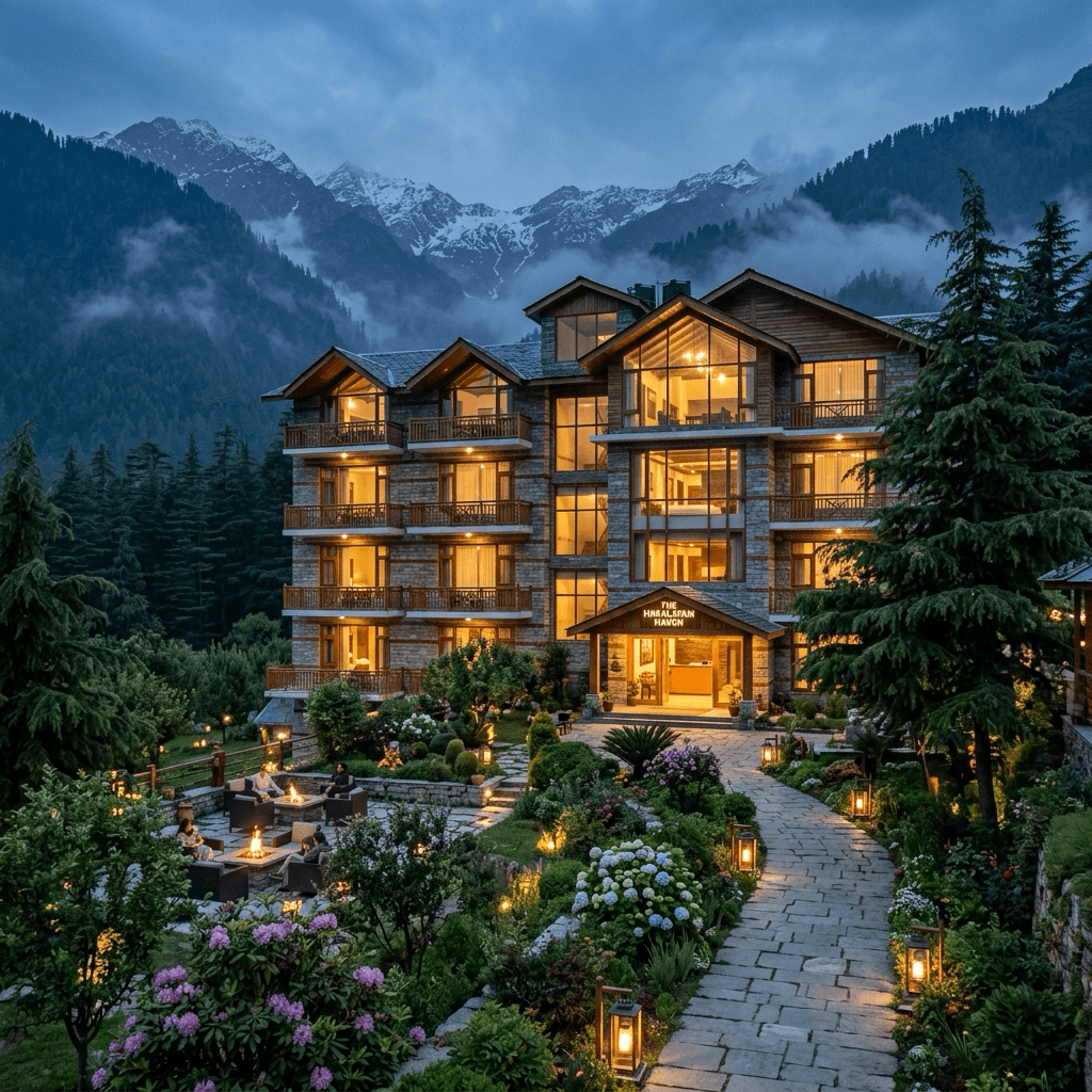 An independent hotel in the Himalayas at dusk, its windows lit, mountains behind.
